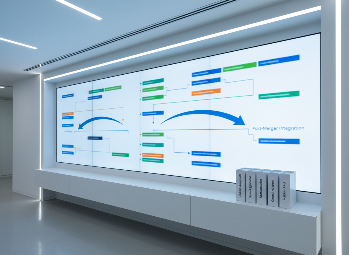A large digital wall display in a sleek, modern office space shows a complex, but blurred, organizational chart with arrows indicating “Pre-Merger” and “Post-Merger Integration” phases, surrounded by color-coded blocks. Below the screen, a slim white console holds a few neatly stacked integration playbooks with labeled spines: “Change Management,” “Systems Integration,” and “Cultural Alignment.” Cool, even LED lighting illuminates the room, with subtle reflections on the glossy display surface. The mood conveys structure, control, and long-term planning. Photographed from a slightly low angle to emphasize the scale of the screen, the composition keeps the integration binders clearly legible in the foreground while the chart remains slightly out of focus. The image uses clean, photographic realism to communicate strategic M&A integration planning without any human presence.
