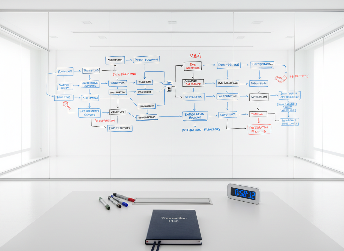 A spotless whiteboard wall in a glass-walled project room, filled with meticulously hand-drawn but slightly blurred M&A process diagrams: labeled stages such as “Target Screening,” “Due Diligence,” “Valuation,” and “Negotiation,” with arrows and simple icons connecting each step. On a nearby minimalist white table sit neatly lined colored markers, a closed navy notebook embossed “Transaction Plan,” and a digital timer. Bright but diffused daylight enters through the glass partitions, creating soft reflections without harsh glare. The mood is methodical, transparent, and collaborative. Photographed from a wide, slightly elevated angle, the composition uses leading lines from the diagrams to draw the eye across the frame. The photographic realism and uncluttered environment underscore structured, process-driven M&A advisory work.