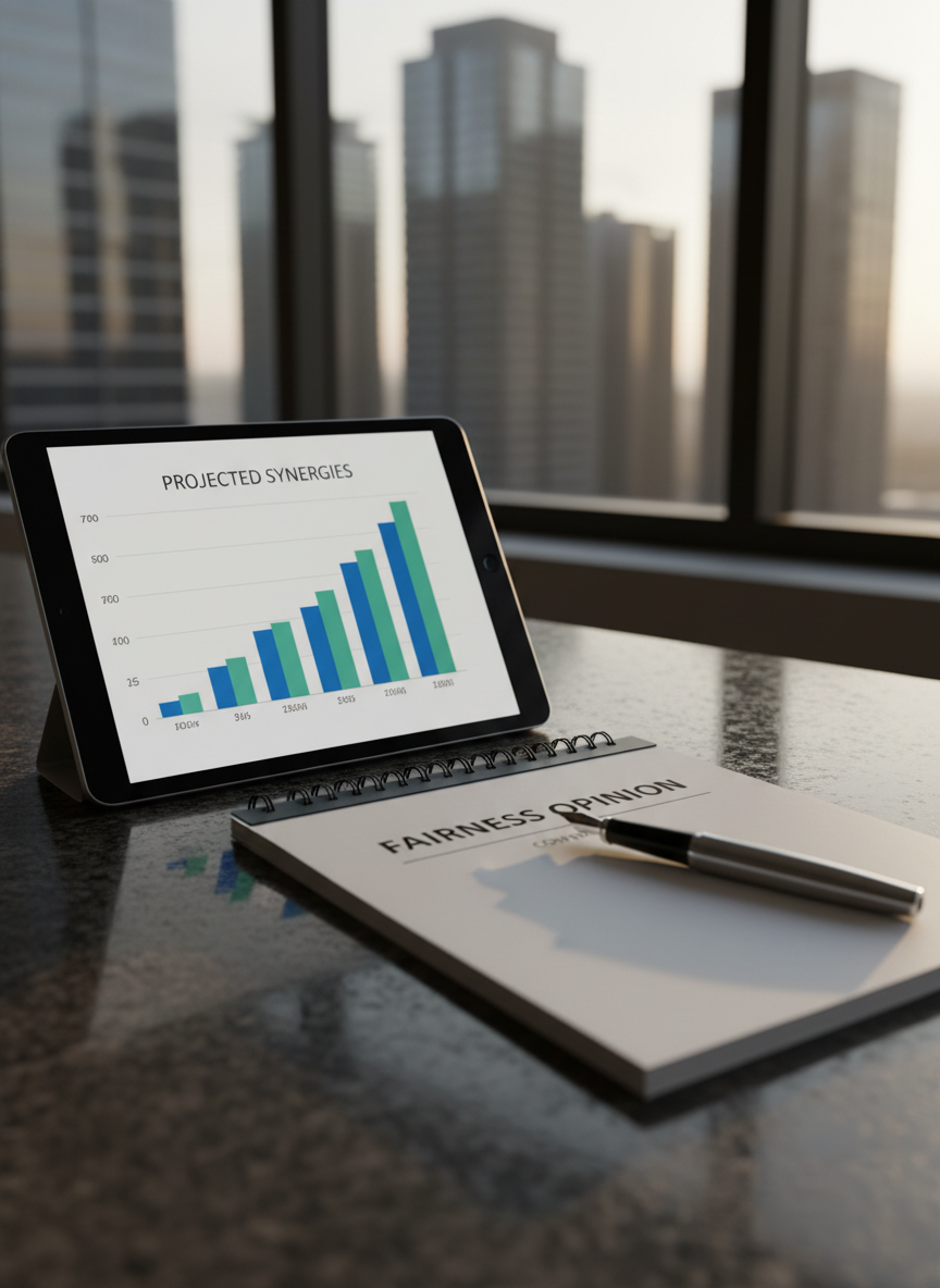 A polished, dark granite tabletop featuring a precisely arranged M&A deal snapshot: a silver tablet displaying a clear bar chart of projected synergies, a thick spiral-bound valuation report with a cover reading “Fairness Opinion,” and a chrome fountain pen resting diagonally across the page. In the background, out-of-focus skyscrapers rise beyond a wide window, tinted by late afternoon light. Soft, directional natural light from the side creates defined but gentle shadows, emphasizing textures of paper, metal, and stone. The atmosphere feels rigorous, data-driven, and confident. Captured from a low, close-up angle, the shallow depth of field isolates the report and tablet as central elements. The photographic realism and clean, modern composition underscore sophisticated financial analysis in mergers and acquisitions.