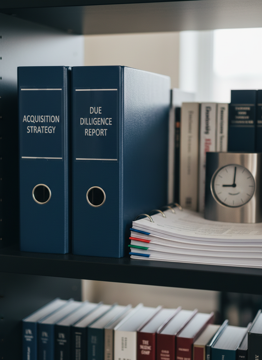 A close-up, photographic view of two thick, embossed navy-blue binders labeled “Acquisition Strategy” and “Due Diligence Report” in silver lettering, standing upright on a matte black shelf. Beside them lies a neatly stacked set of financial statements with color-coded tabs, and a brushed steel desk clock displaying precise time. Soft natural daylight from an unseen nearby window washes across the scene, creating gentle highlights on the metal rings and faint shadows along the paper edges. The atmosphere is orderly, analytical, and trustworthy. Shot from a slightly elevated angle with a shallow depth of field, the primary focus remains on the binder titles while the background library of blurred corporate law and finance books reinforces a meticulous, professional M&A advisory setting in clean, photographic realism.