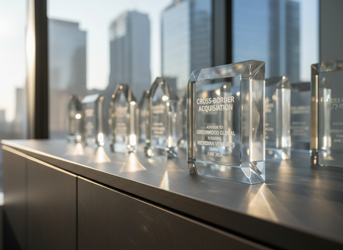 A high-resolution, photographic close-up of an intricately detailed deal tombstone made of clear crystal, etched with the words “Cross-Border Acquisition” and fictional company names, resting on a matte charcoal credenza. Behind it, several other translucent tombstones of varying shapes are softly blurred, hinting at a history of completed transactions. Gentle morning sunlight streams through unseen windows, refracting through the crystal and casting subtle light patterns onto the dark surface. The mood is prestigious, accomplished, and understatedly celebratory. Shot at a low, side angle with a shallow depth of field, the primary tombstone dominates the frame while the background awards and a faint suggestion of a city skyline through glass emphasize a track record of successful M&A advisory in a clean, modern corporate setting.
