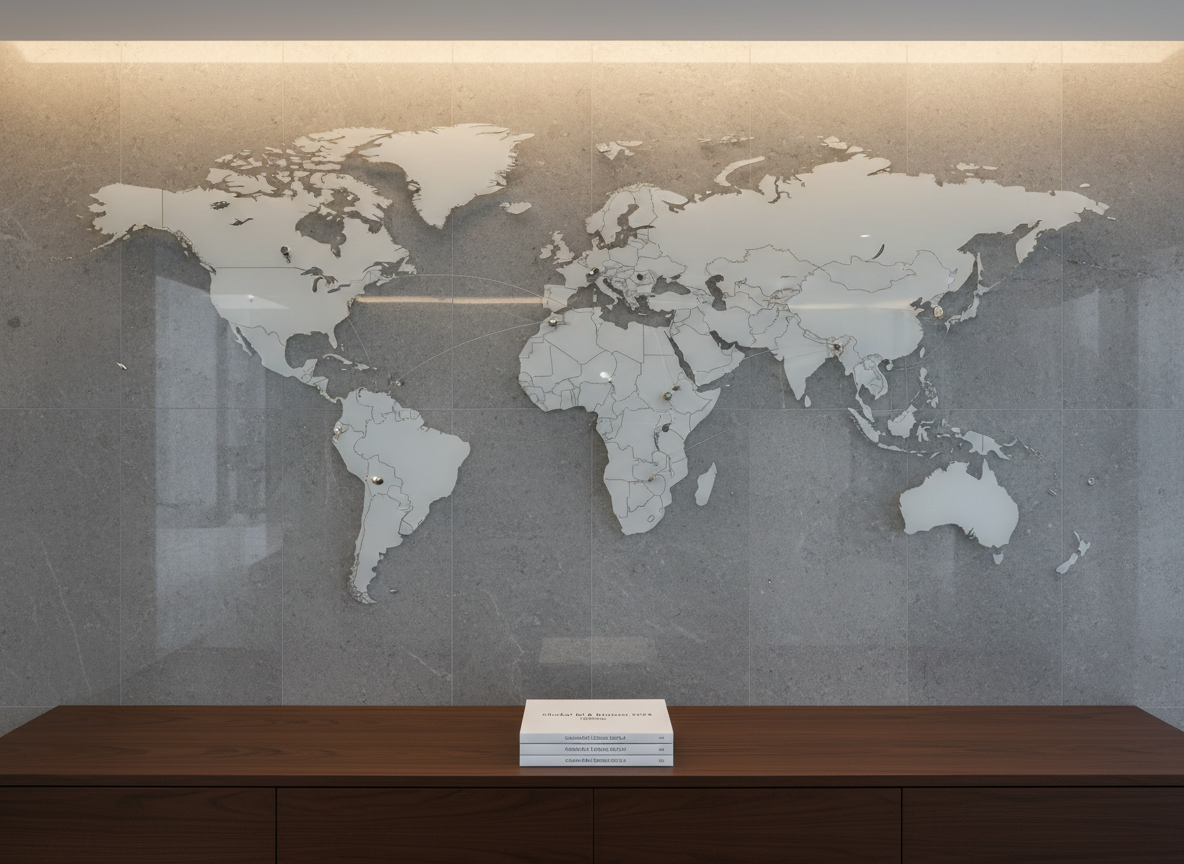 A large, frosted glass world map mounted on a wall in a contemporary office, with small metallic pins and subtle etched arrows connecting major financial centers, symbolizing cross-border mergers and acquisitions. Below the map, a narrow console table holds a neatly stacked set of “Global M&A Outlook” reports, each with a minimalist cover design and refined typography. Soft, diffused overhead lighting creates an even glow, highlighting the contours of the map and gentle reflections on the glass surface. The atmosphere feels global, strategic, and forward-looking. Captured straight on at eye level with sharp focus throughout, the composition is symmetrical and balanced, emphasizing photographic realism and a clean, professional aesthetic suited for an international M&A advisory firm.