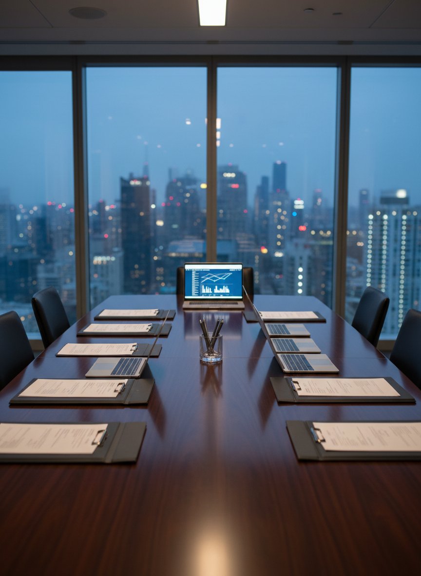 A sleek, dark walnut conference table stretches across a high-rise boardroom, its surface scattered with neatly aligned printed merger agreements, open silver laptops, and a single crystal pen holder. Floor-to-ceiling windows reveal a softly blurred city skyline at dusk, with office lights twinkling in the distance. Cool, diffused evening light mixes with subtle recessed ceiling lighting, creating gentle reflections on the polished wood and metal surfaces. The mood is professional, calm, and decisive. Captured at eye level with a slight diagonal composition, the foreground documents are in sharp focus while the background skyline falls into a soft bokeh. The photographic realism emphasizes a clean, modern corporate aesthetic, ideal for conveying strategic M&A discussions without showing any people.