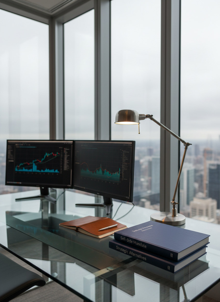 An elegant glass-topped desk in a corner office, holding a minimalist dual-monitor setup showing blurred financial graphs, a leather-bound notebook, and a tidy stack of bound pitch books titled “Sell-Side Mandate” and “Strategic Alternatives.” A brushed aluminum desk lamp casts warm, focused light across the materials, contrasting with cool, overcast daylight seeping through large windows that reveal an indistinct cityscape. The reflections in the glass surface add depth and sophistication. The mood is highly professional and analytical yet composed. Photographed from a three-quarter angle at eye level, the composition uses the rule of thirds, with the monitors off to one side and the pitch books prominently placed in the foreground, in crisp photographic realism to represent high-level M&A advisory workspaces.
